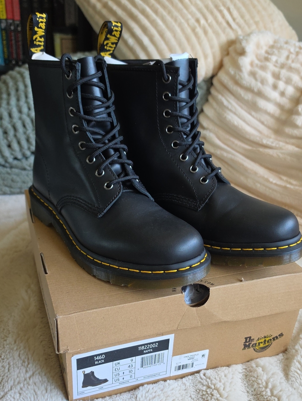 Dr. Martens 1460 Black Leather Lace-Up Boots wYellow Stitching From Free People